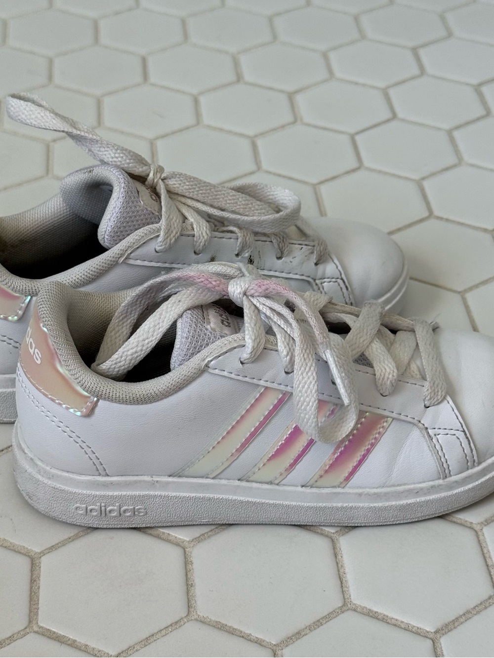 adidas Kids White Sneakers with Pink Accent Stripes